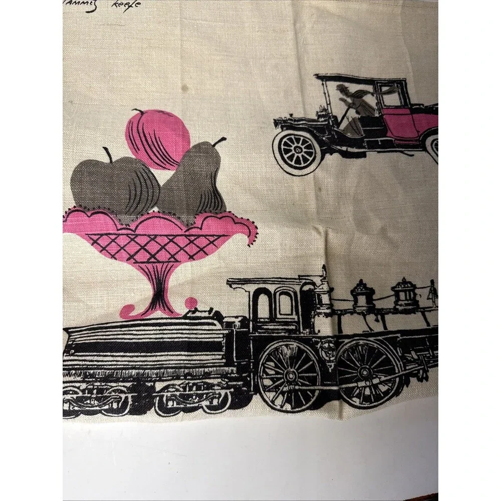 Vintage Tammis Keefe Linen Towel Dinners Ready Retro Antique Car Steam Engine